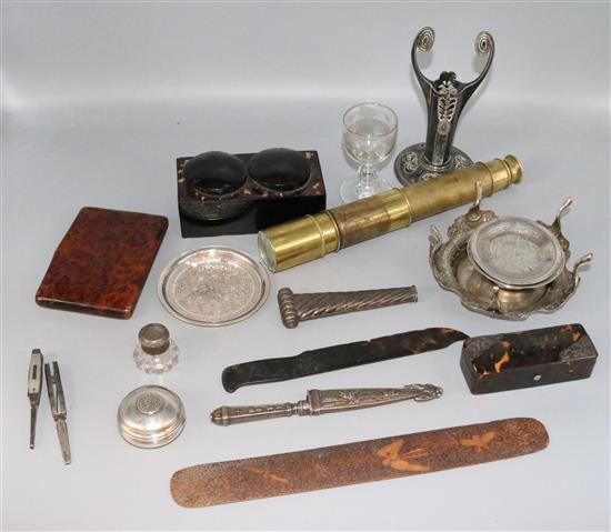 Small silver bowl, tortoiseshell inkwell & other misc. items